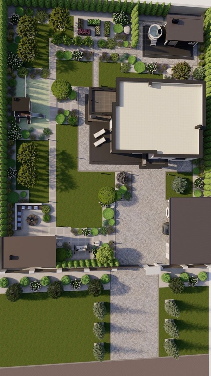 Plan de masse 3D d'une propriété avec jardins et allées