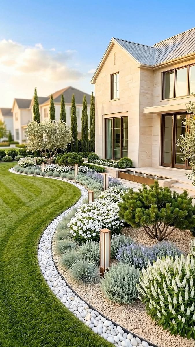Jardin paysager structuré devant une villa